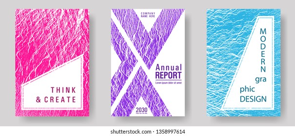 Magazine cover layouts vector design. Teal pink purple waves texture backdrops. Research development plan covers. Fluid buzzing wavy noise ripple texture. Stylish magazine templates design set.