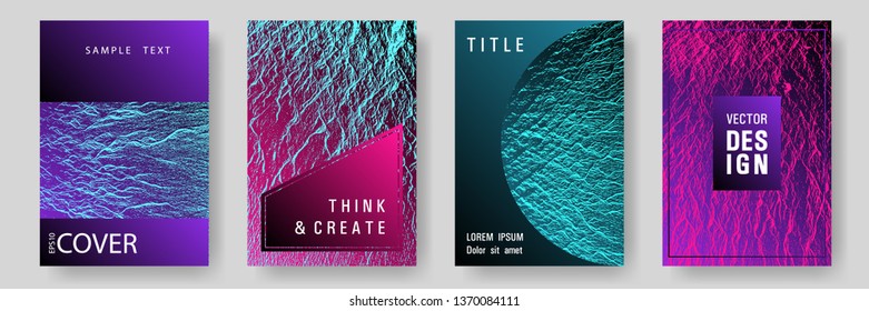 Magazine cover layouts vector design. Pink blue purple synthwave textures. Stylish magazine templates design set. Buoyant wavy flux background pattern. Creative publication cover pages.