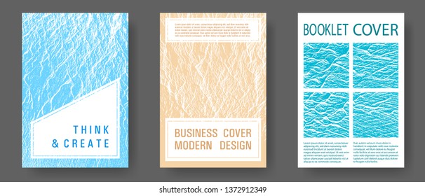 Magazine cover layouts vector design. Blue, sea green, sand color textures. Buoyant wavy flux background pattern. Stylish magazine templates design set. Branding profile cover samples.
