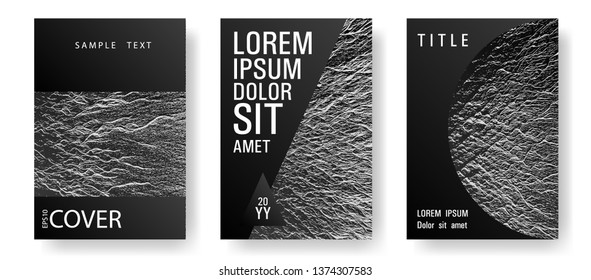 Magazine cover layouts vector design. Black and white waves texture backdrops. Buzzing flux ripple movement background. Stylish magazine templates design set. Tect newsletter cover templates.