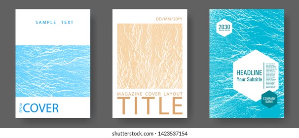Magazine cover layouts vector design. Blue, sea green, sand color textures. Stylish magazine templates design set. Presentation slides cover pages. Buzzing rippling motion background texture.