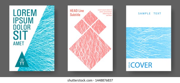 Magazine cover layouts vector design. Blue, teal and coral color waves texture. Geometric typography cover. Fluid buzzing wavy noise ripple texture. Stylish magazine templates design set.