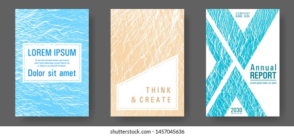 Magazine cover layouts vector design. Blue, sea green, sand color textures. Buzzing rippling motion background texture. Presentation slides cover pages. Stylish magazine templates design set.