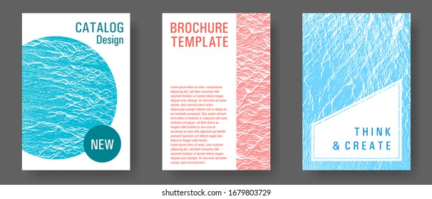 Magazine cover layouts vector design. Blue, teal and coral color waves texture. Buzzing flux ripple movement background. Stylish magazine templates design set. Advertising banner or covers.