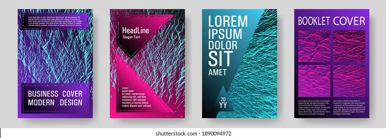 Magazine cover layouts vector design. Pink blue purple synthwave textures. Branding profile cover samples. Fluid buzzing wavy noise ripple texture. Stylish magazine templates design set.