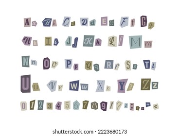 Magazine cut out letters and numbers. Blackmail font, anonymous, ransom note typescript. Latin alphabet cutting from newspaper. Vector symbols.