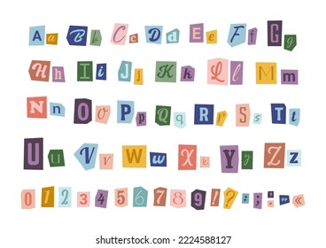 Magazine cut out letters and numbers. Blackmail, anonymous, ransom note font. Latin alphabet cutting from newspaper. Vector symbols, icon set.