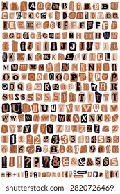 Magazine cutout alphabet featuring letters, numbers and symbols in orange and black Halloween colors. Ransom note style vector collection made from newspaper and magazine clippings, isolated on a white background. Perfect for spooky typography, Halloween posters, horror party invitations, scrapbooking, junk journals, collage art, DIY crafts, printable decorations, branding, social media graphics, stickers, greeting cards, banners, flyers, and creative design projects. Editable vector alphabet with uppercase characters, numbers and punctuation for unique cut and paste compositions.