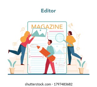 Magazine editor concept. Journalist and designer working on magazine article and photo. Work planning and partnership, content selection. Isolated flat vector illustration