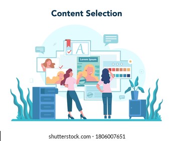 Magazine editor concept. Journalist and designer working on magazine article and photo. Content selection. Isolated flat vector illustration