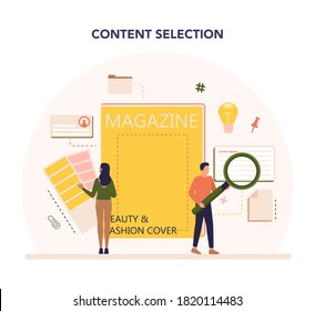 Magazine editor concept. Journalist and designer working on magazine article and photo. Content selection, release plan and promotion. Isolated flat vector illustration