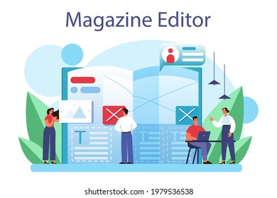 Magazine editor concept. Journalist and designer working on magazine article and photo. Content selection, release plan and promotion. Isolated flat vector illustration