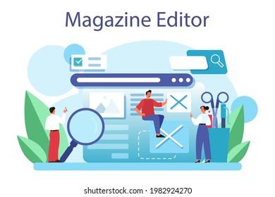 Magazine editor concept. Journalist and designer working on magazine article and photo. Content selection, release plan and promotion. Isolated flat vector illustration
