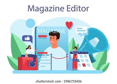 Magazine editor concept. Journalist and designer working on magazine article and photo. Content selection, release plan and promotion. Isolated flat vector illustration