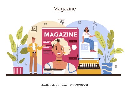 Magazine editor concept. Journalist and designer working on magazine article and photo. Content selection, release plan and promotion. Isolated flat vector illustration