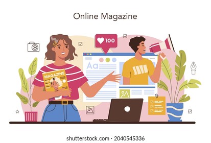 Magazine editor concept. Journalist and designer working on magazine article and photo. Content selection, release plan and promotion. Isolated flat vector illustration
