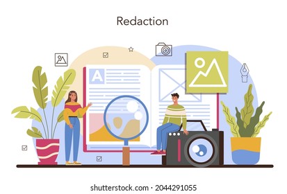 Magazine editor concept. Journalist and designer working on magazine article and photo. Content selection, release plan and promotion. Isolated flat vector illustration