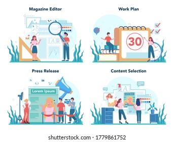 Magazine editor concept set. Journalist and designer working on magazine article and photo. Work plan and press release, content selection. Isolated flat vector illustration