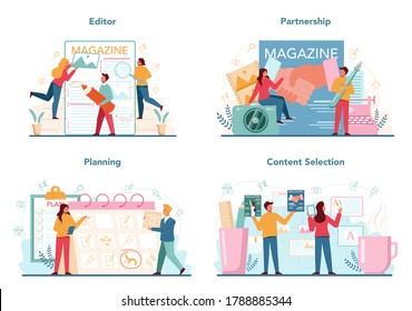 Magazine editor concept set. Journalist and designer working on magazine article and photo. Work planning and partnership, content selection. Isolated flat vector illustration