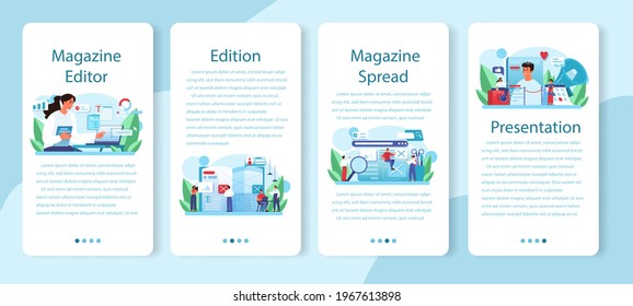 Magazine editor mobile application banner set. Journalist and designer working