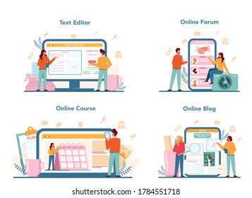 Magazine editor online service or platform set. Journalist and designer working on magazine article and photo. Online text editor, forum, course, blog. Isolated flat vector illustration