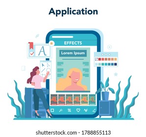 Magazine editor online service or platform. Journalist and designer working on magazine article and photo. Online application. Isolated flat vector illustration