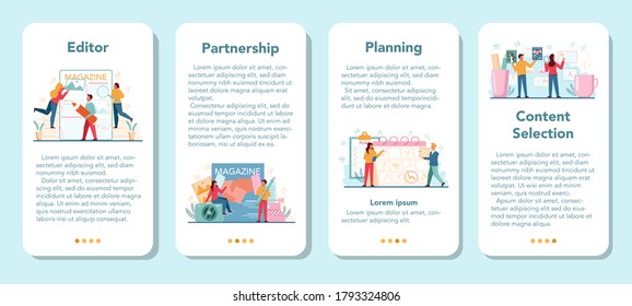 Magazine editor online service or platform set. Journalist and designer working on magazine article and photo. Work planning and partnership, content selection. Isolated flat vector illustration