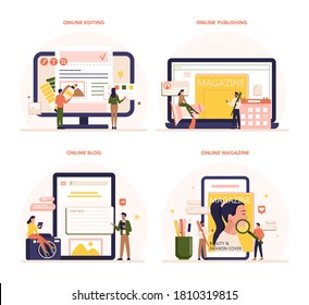 Magazine editor online service or platform set. Journalist and designer working on magazine article and photo. Online editing, publishing, blog, magazine. Isolated flat vector illustration