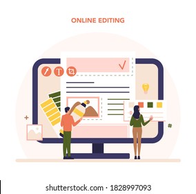 Magazine editor online service or platform. Journalist and designer working on magazine article and photo. Online editing. Isolated flat vector illustration