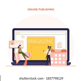 Magazine editor online service or platform. Journalist and designer working on magazine article and photo. Online publishing. Isolated flat vector illustration