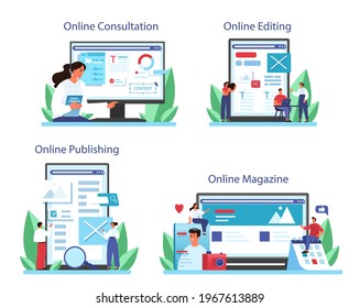 Magazine editor online service or platform set. Journalist and designer working