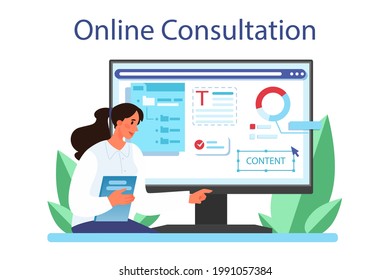 Magazine editor online service or platform. Journalist and designer working on magazine article and photo. Online consultation. Isolated flat vector illustration