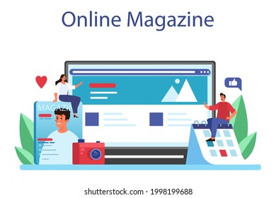 Magazine editor online service or platform. Journalist and designer working on magazine article and photo. Online magazine. Isolated flat vector illustration