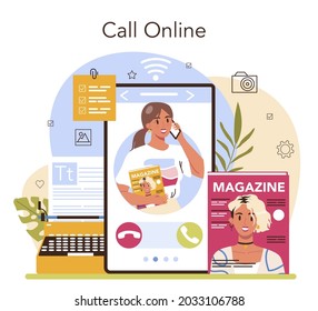 Magazine editor online service or platform. Content selection, release and promotion. Journalist and designer working on magazine. Online call. Flat vector illustration