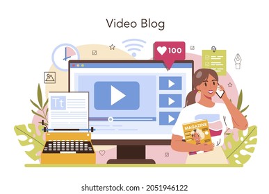 Magazine editor online service or platform. Content selection, release and promotion. Journalist and designer working on magazine. Video blog. Flat vector illustration
