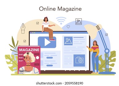 Magazine editor online service or platform. Content selection, release and promotion. Journalist and designer working on magazine. Online magazine. Flat vector illustration