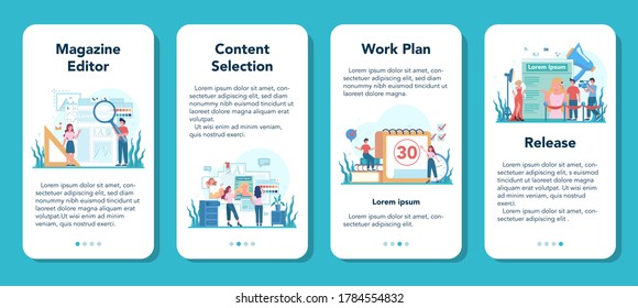 Concepto de encabezado tipográfico del editor de revistas. Periodista y diseñador trabajando en artículos de revistas y foto. Plan de trabajo y comunicado de prensa, selección de contenido. Ilustración vectorial plana aislada