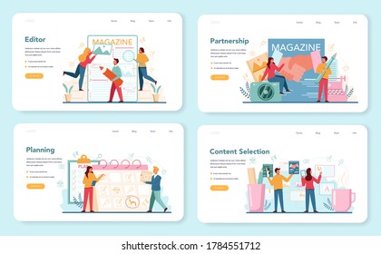 Magazine editor web banner or landing page set. Journalist and designer working on magazine article and photo. Work planning and partnership, content selection. Isolated flat vector illustration