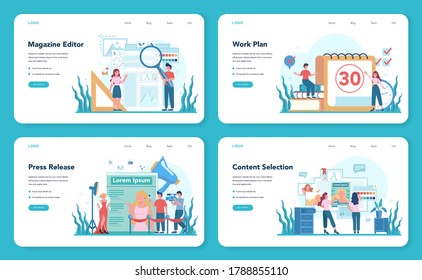 Magazine editor web banner or landing page set. Journalist and designer working on magazine article and photo. Work plan and press release, content selection. Isolated flat vector illustration