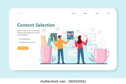 Magazine editor web banner or landing page. Journalist and designer working on magazine article and photo. Work planning and partnership, content selection. Isolated flat vector illustration
