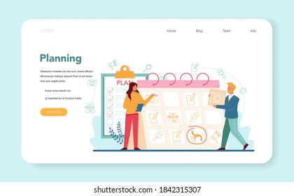 Magazine editor web banner or landing page. Journalist and designer working on magazine article and photo. Work planning and partnership, content selection. Isolated flat vector illustration