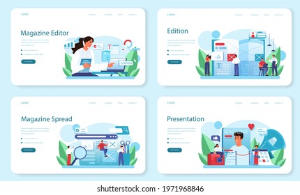 Magazine editor web banner or landing page set. Journalist and designer working on magazine article and photo. Content selection, release plan and promotion. Isolated flat vector illustration