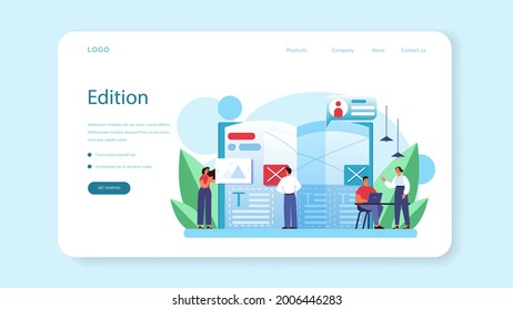 Magazine editor web banner or landing page. Journalist and designer working on magazine article and photo. Content selection, release plan and promotion. Isolated flat vector illustration