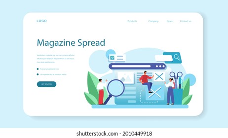 Magazine editor web banner or landing page. Journalist and designer working on magazine article and photo. Content selection, release plan and promotion. Isolated flat vector illustration