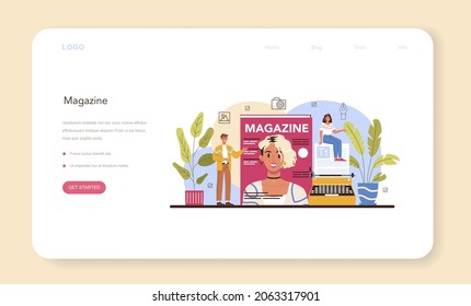 Magazine editor web banner or landing page. Journalist and designer working on magazine article and photo. Content selection, release plan and promotion. Isolated flat vector illustration