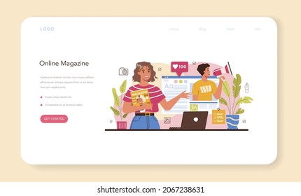 Magazine editor web banner or landing page. Journalist and designer working on magazine article and photo. Content selection, release plan and promotion. Isolated flat vector illustration