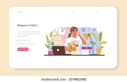 Magazine editor web banner or landing page. Journalist and designer working on magazine article and photo. Content selection, release plan and promotion. Isolated flat vector illustration