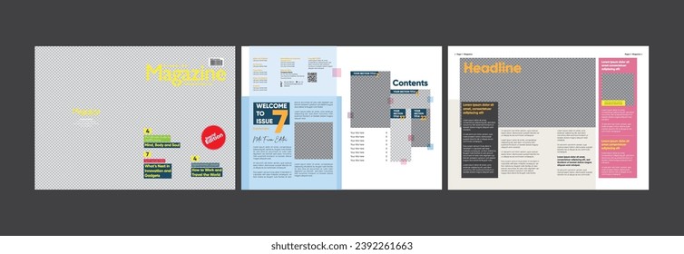 Magazine editorial template. Multipurpose template with cover, back and inside pages.