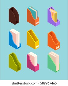 Magazine file isometric illustration. Vector set of different document folders. Collection of organizers for office papers or books