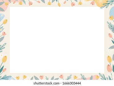 Magazine, flyer, album, sale, postcard. Flowers print. Spring print with yellow, pink tulips and daisies, and green leaves. Template frame.